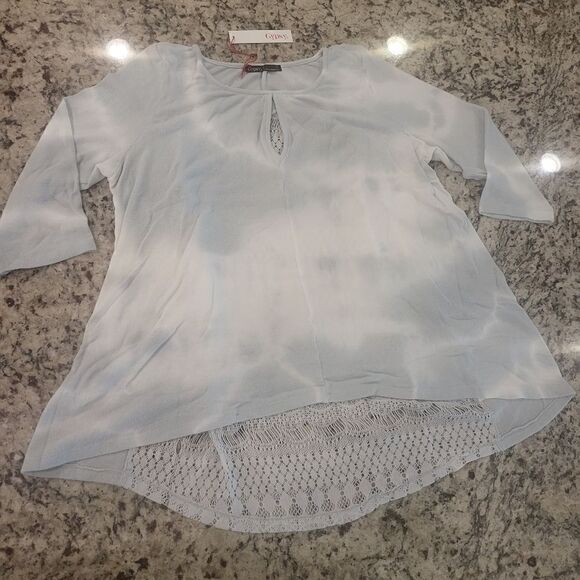 Gypsy 05 Boho high low sweater with lace back Small blue and off white - Picture 1 of 6